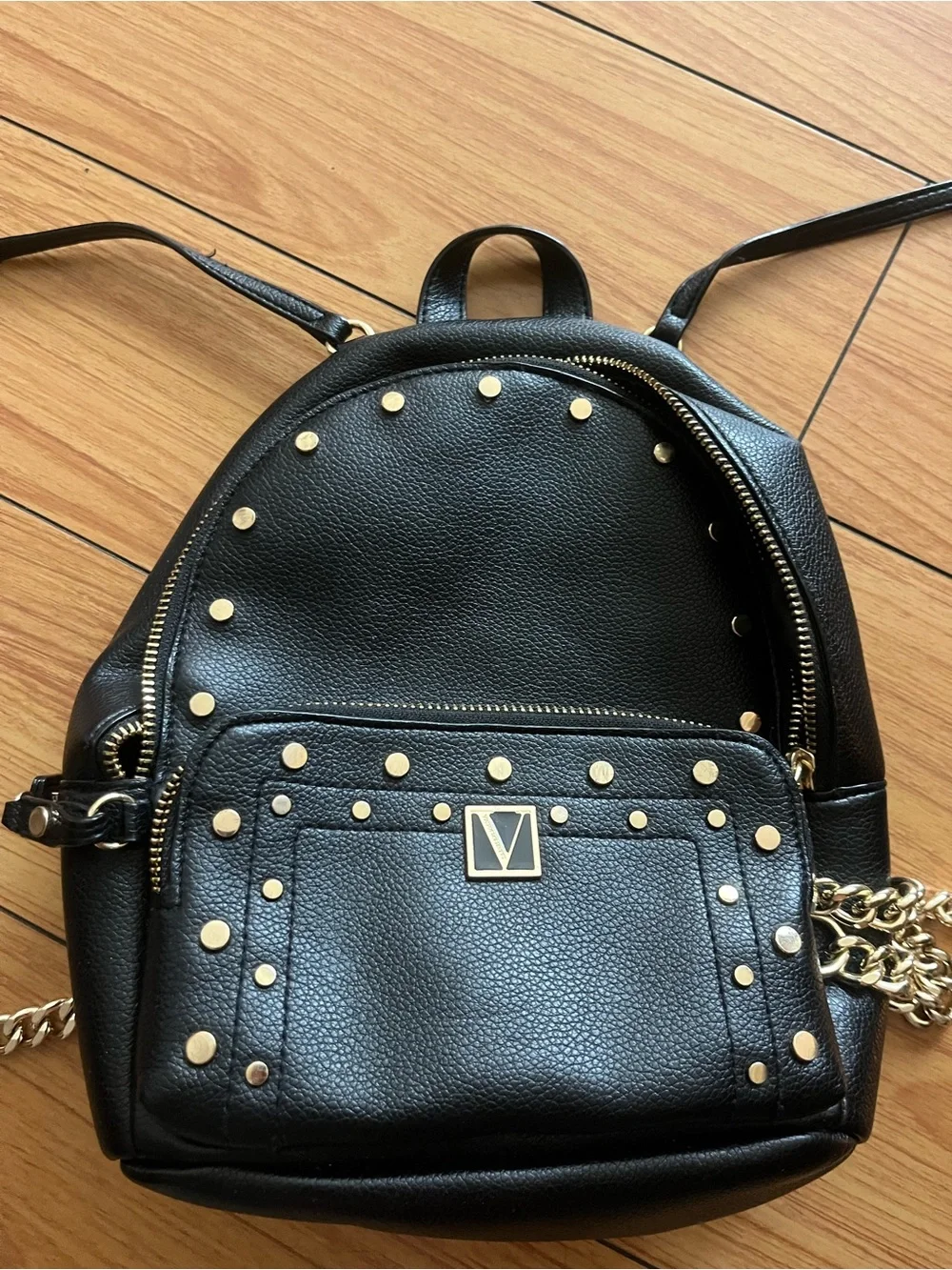Victoria’s Secret Black Mini Backpack Purse with Gold Chain Detail